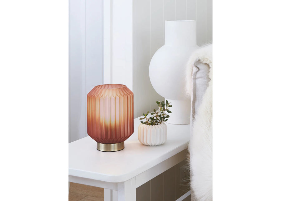 Table lamp Clancy, glass lampshade, brass base E14